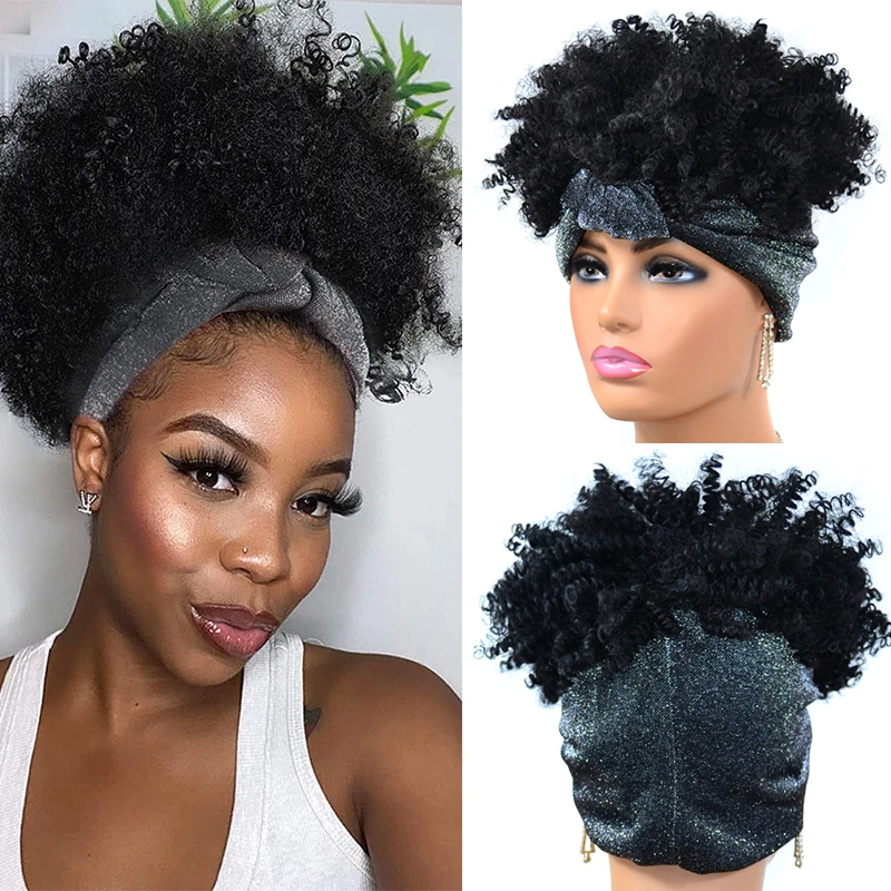 

Puff Curly Headband Wigs Short Afro Kinky Curly Headband Wig Synthetic Heat Resistent Turban Wrap Headbands Wigs For Black Women