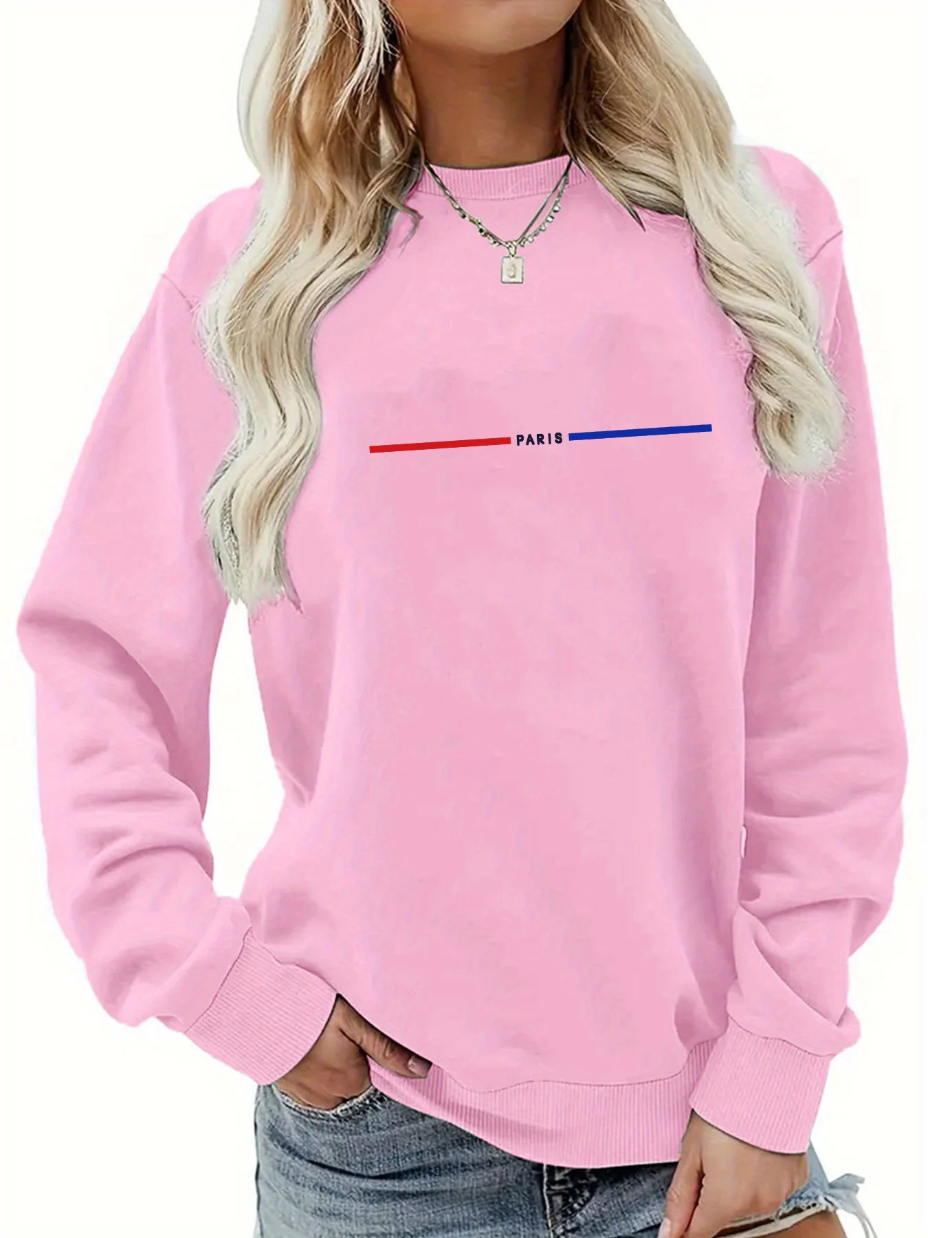 بلوفر نسائي كاجوال للخريف والشتاء فضفاض ومريح بنمط باريس مطبوع برقبة دائرية دافئة وأكمام طويلة