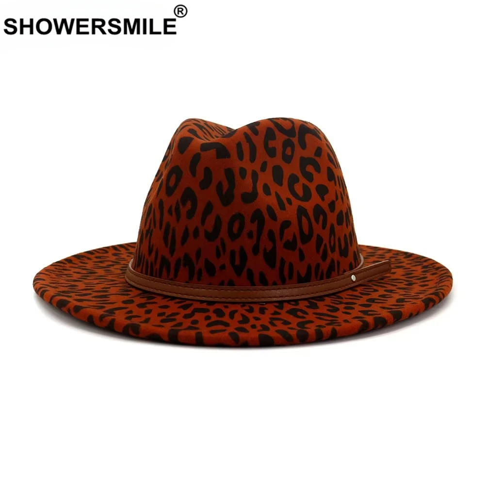 

SHOWERSMILE Burgundy Leopard Wool Jazz Fedora Hats with Belt Fashion Design Women Felt Hat Ladies Party Leopard Fedora Winter