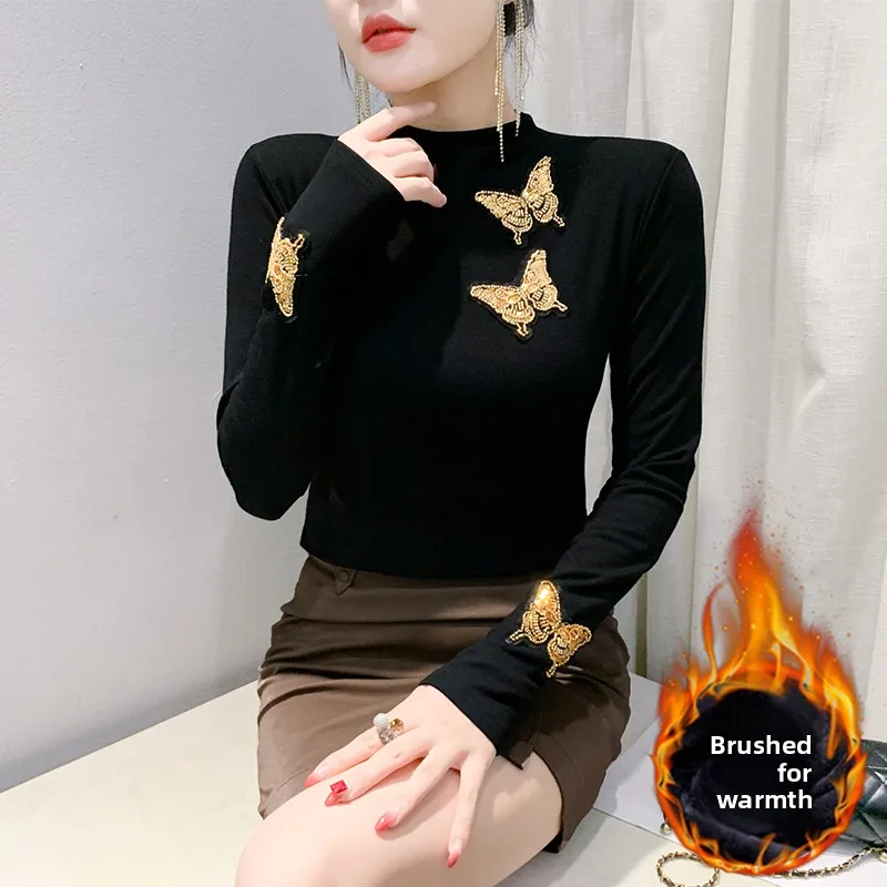 

Elegant Embroidered Long Sleeve High Collar T-Shirt Women's Slim Fit Inner Wear Fleece Thickened Winter Top