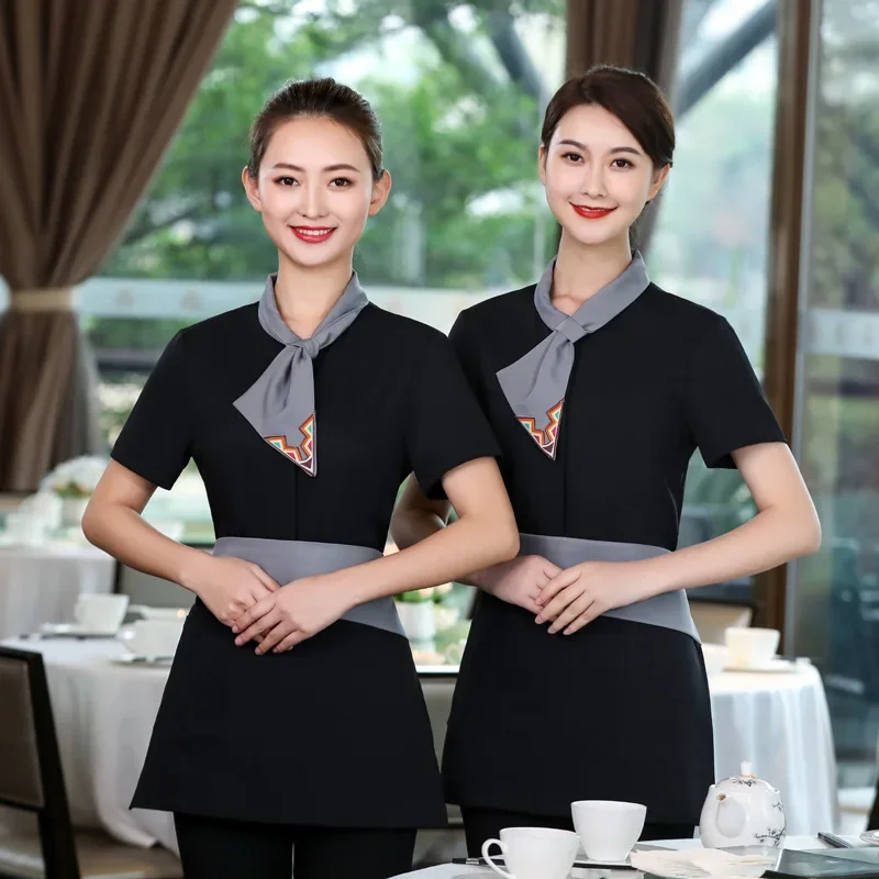 Uniforme de serveur de Restaurant à manches courtes pour femmes, vêtements de travail de Service alimentaire d'hôtel, veste de cuisine de café Kichen, vêtements de travail