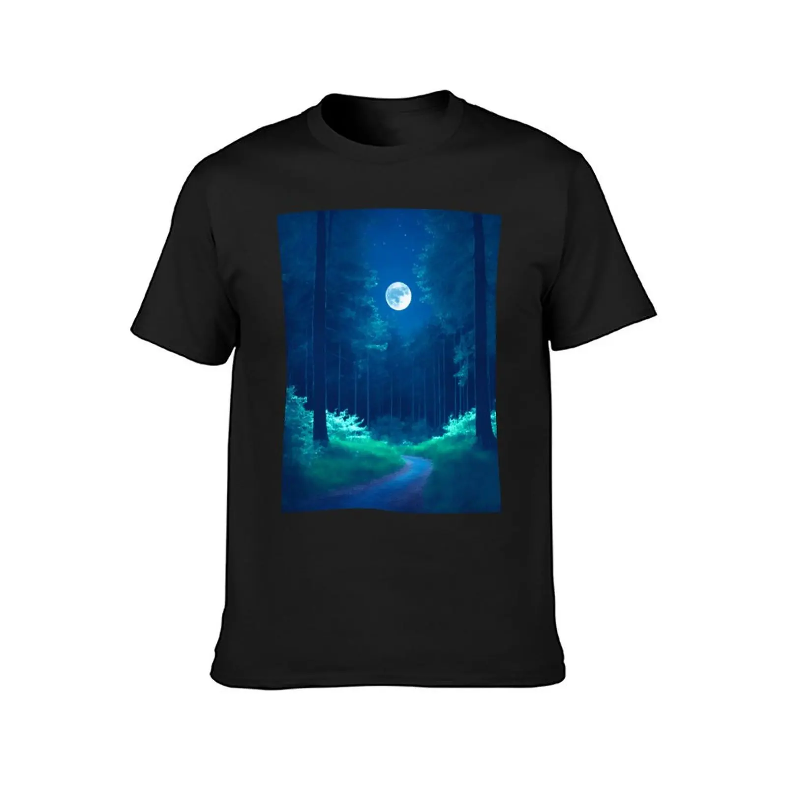 Moonlit Forest Landscapes With a Silvery Glow Cast by the Moonlight Filtering Through the Trees, Ai Generated Art T-Shirt