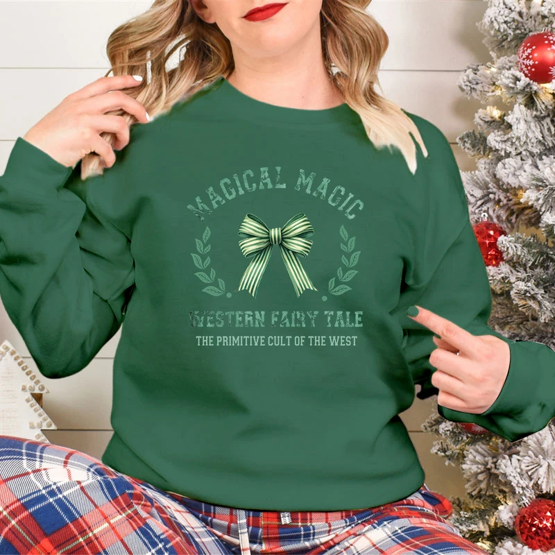 Hoodie desain pita hijau Selamat Natal Sweatshirt Gambar huruf ajaib busur lucu tren Sweatshirt Natal wanita