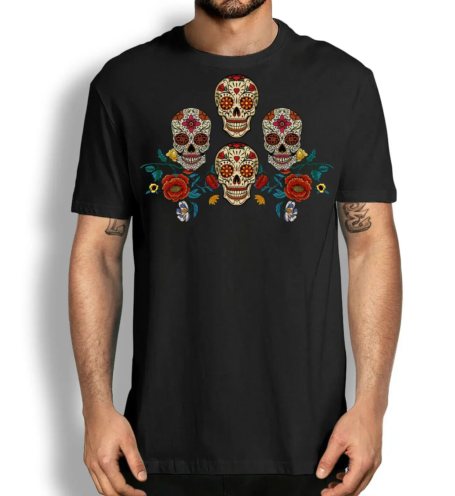 Day of Dead Floral Sugar Skulls Cotton Tee T Shirts Dia De Los Muertos Men's and Women's Graphic T-shirts Y2k Clothes Streetwear