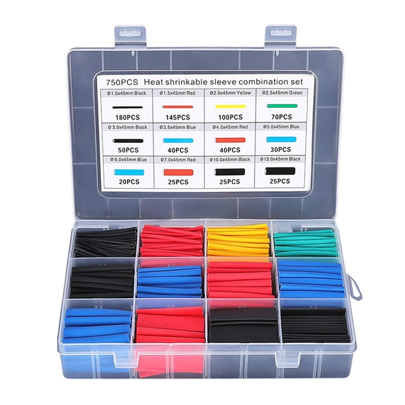 AT02-750Pcs أنبوب الانكماش الحراري أنابيب العزل أنبوبة قابلة للانكماش تشكيلة سلك كابل الإلكترونية كم عدة