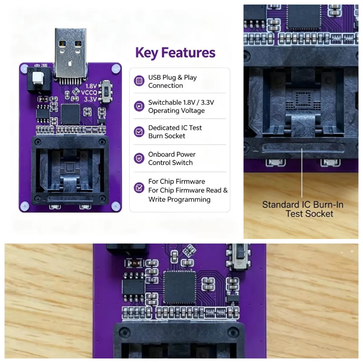BGA153  Programming Socket USB3.0 High Speed GL3224E HS400 1.8V 3.3V Adjustable Voltage Chip Image Burn Test Tool