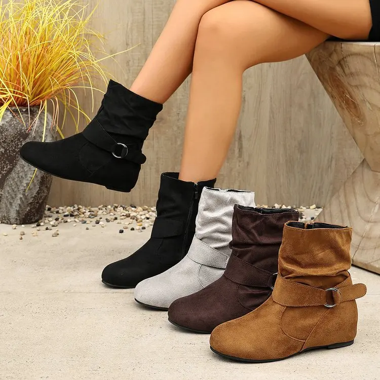 Damen-Stiefeletten mit runder Zehenpartie, verstellbarem Schnallenriemen, seitlichem Reißverschluss, flacher, rutschfester Sohle, lässiges Alltagsschuhwerk für Herbst und Winter – Detail 9