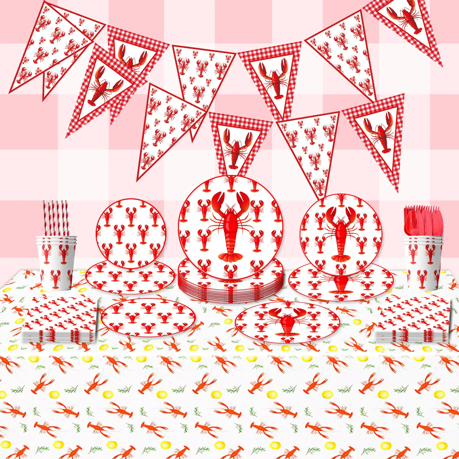 Раки для кипячения вечеринок, скатерть с лобстером, рыбная сетка для морского украшения дня рождения, тарелки, чашки, салфетки, тематический деко