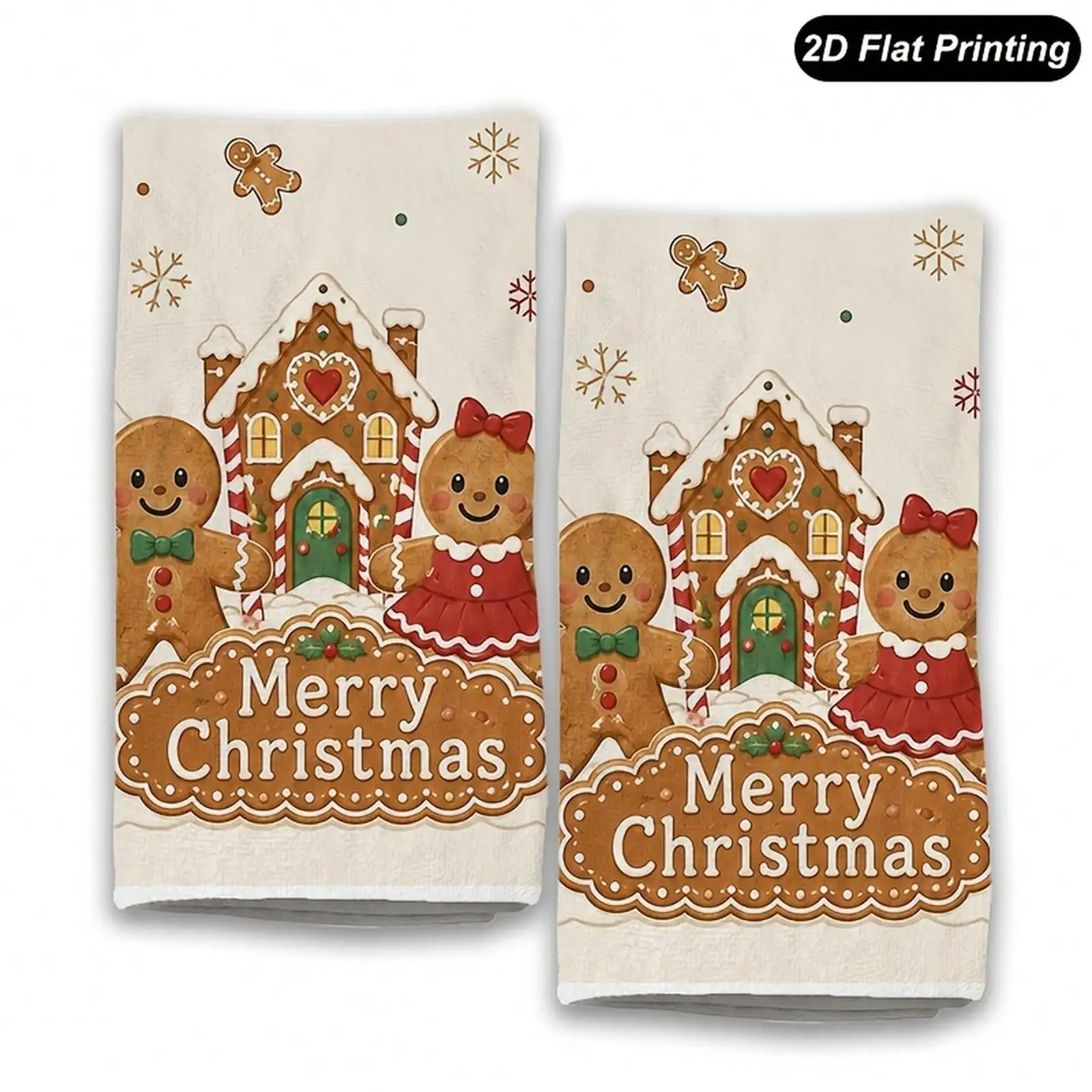 2 Pcs Gingerbread House Candy Cane Kitchen Towels, Dish Towels Drying Baking Cooking, Farmhouse Kitchen Decor, Rectangle Hand Towels With Gingerbread House Candy Cane Print, Hand Wash Only, Holiday Party, 2D Flat Print, 16'' X 24'' Fall