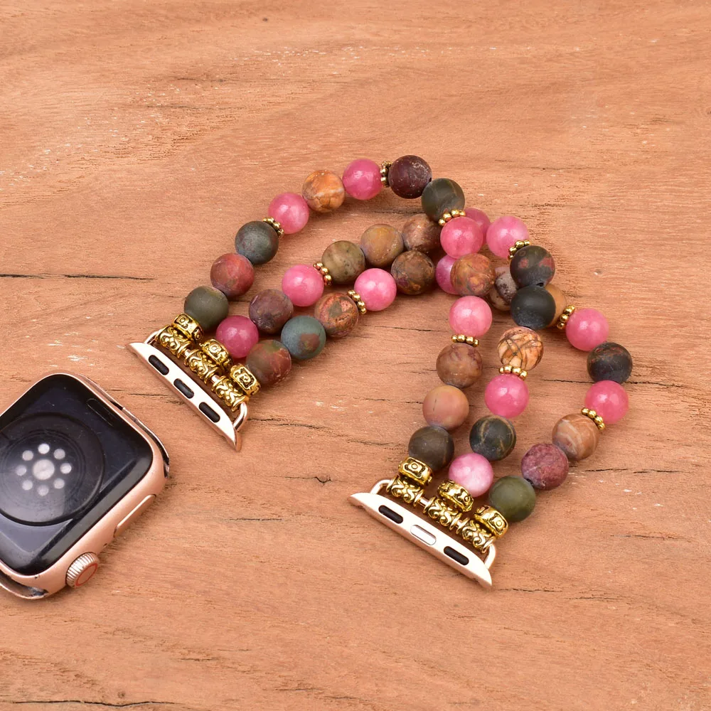 Natural Stone Picasso Pink Jasper Vintage Women Apple Watch Band 38mm 41mm 42mm 44mm 45mm Stone Beaded Bracelet Strap for Iwatch