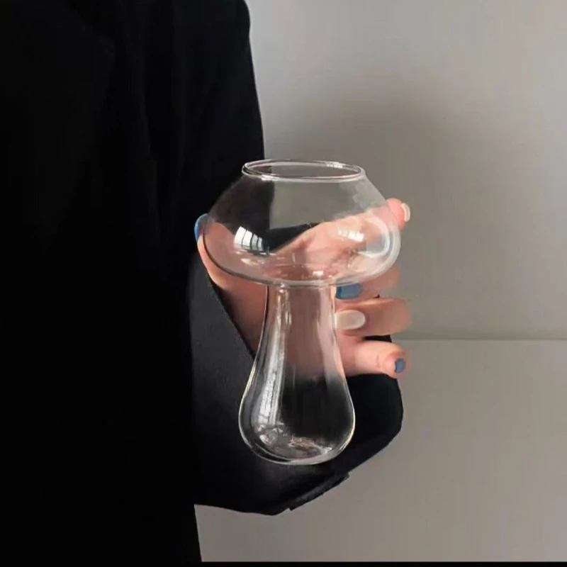 Viral Mushroom Design Glass Cup, Aesthetic Cocktail & Coffee Tumbler with Stem, Cute Juice Glass for Social Media Photography