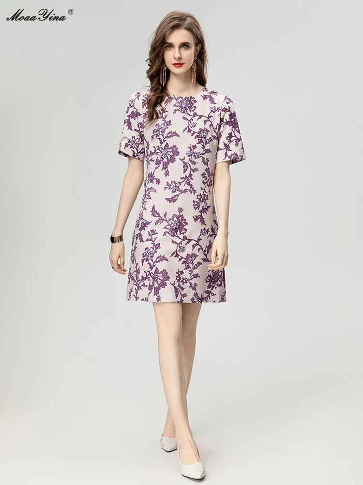 

MoaaYina Fashion Designer Summer Women's Dresses O-Neck Collar Printing Floral Office Lady Empire A-LINE Elegant Dress