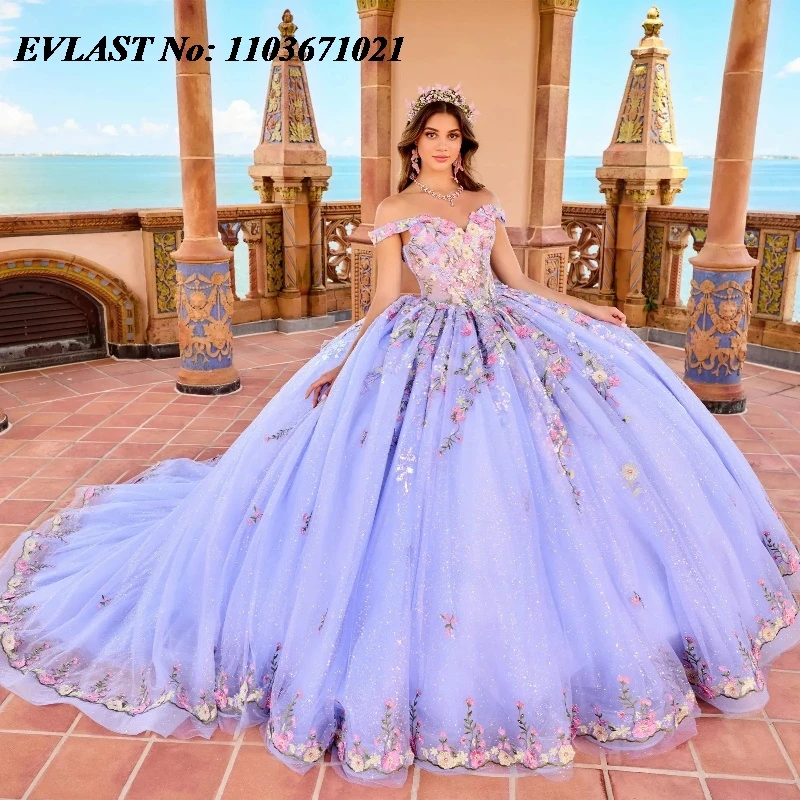 فستان Quinceanera أرجواني مخصص من EVLAST ثوب حفلة ثلاثي الأبعاد مزين بالزهور وكريستال مطرز كيب سويت 16 فيستدو دي 15 أنوس SQ261