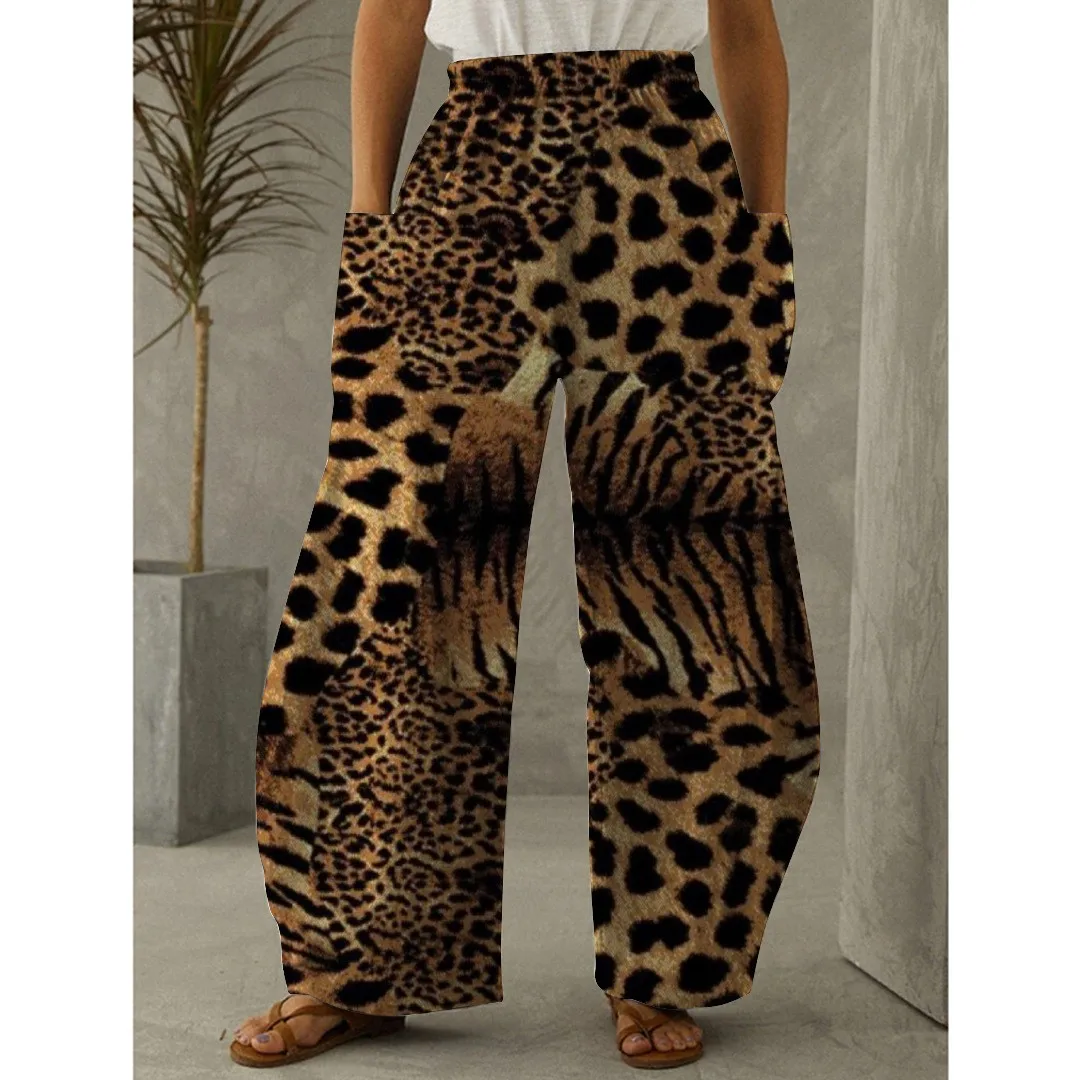 Summer Women's Pants With Leopard Print Double Pockets, Casual Elastic Waistband Pants, Loose And Fashionable On The Street