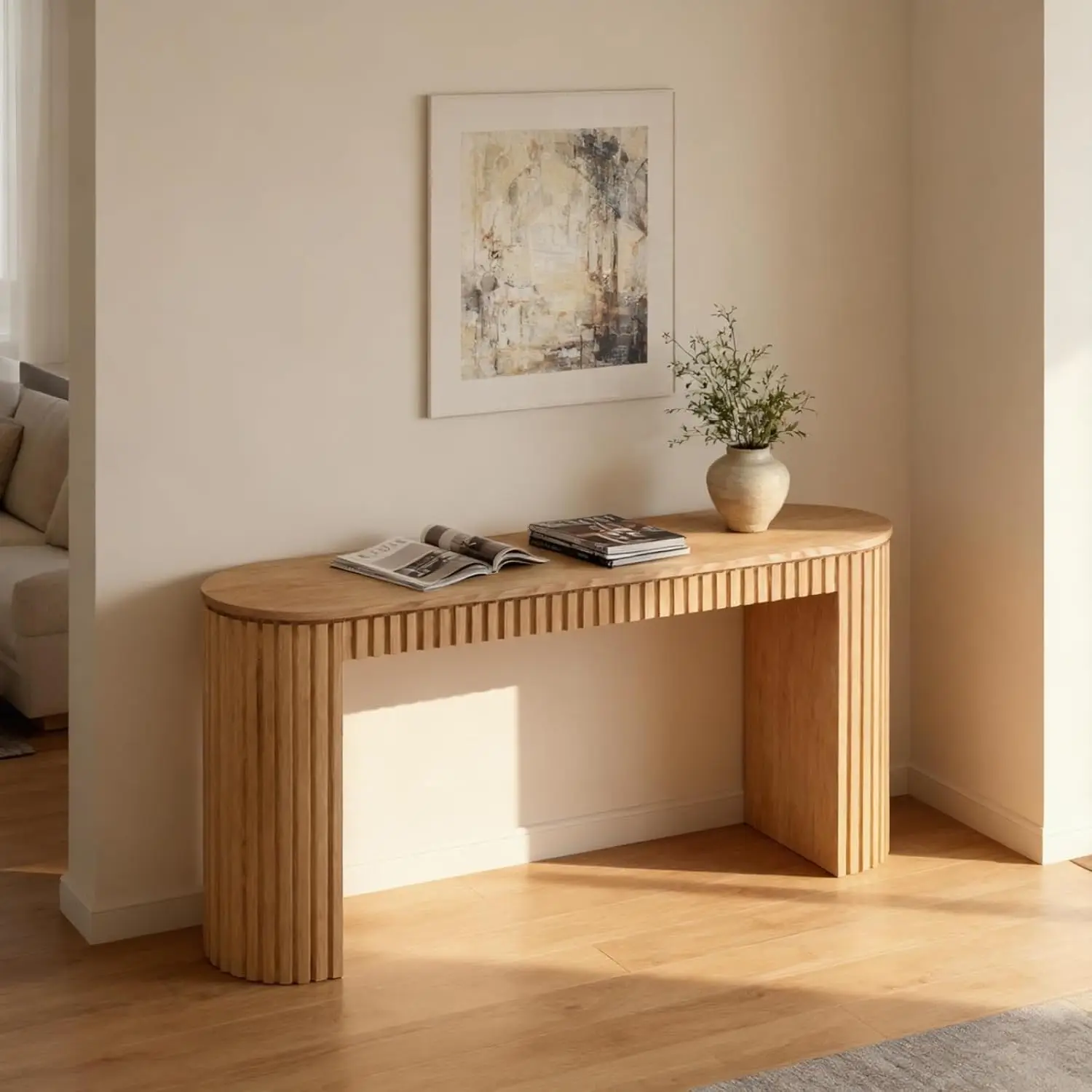 Wood Fluted Console Table with Drawer, Narrow Sofa Table, Oval Entry Table for Living Room Hallway, 59 inch, Customized view 6