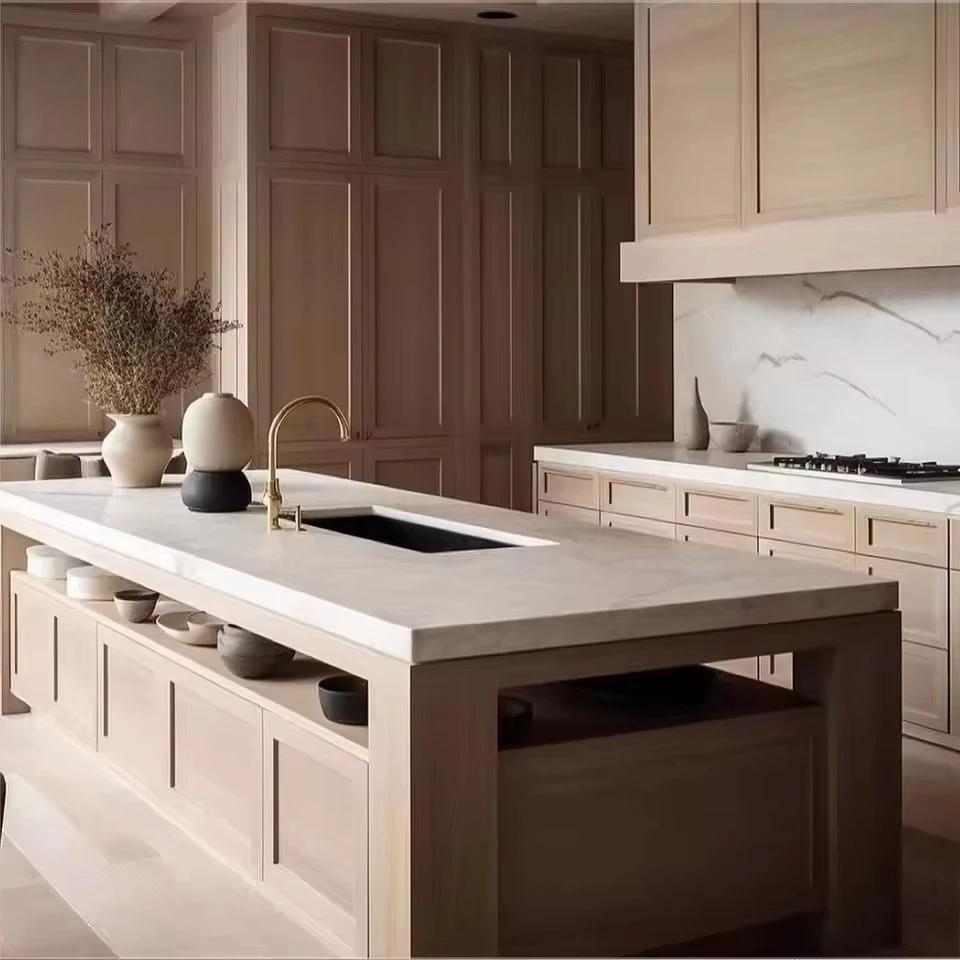 Full cabinet custom timeless natural warmth classic shaker door panel full beige oak cabinet with sink island table set