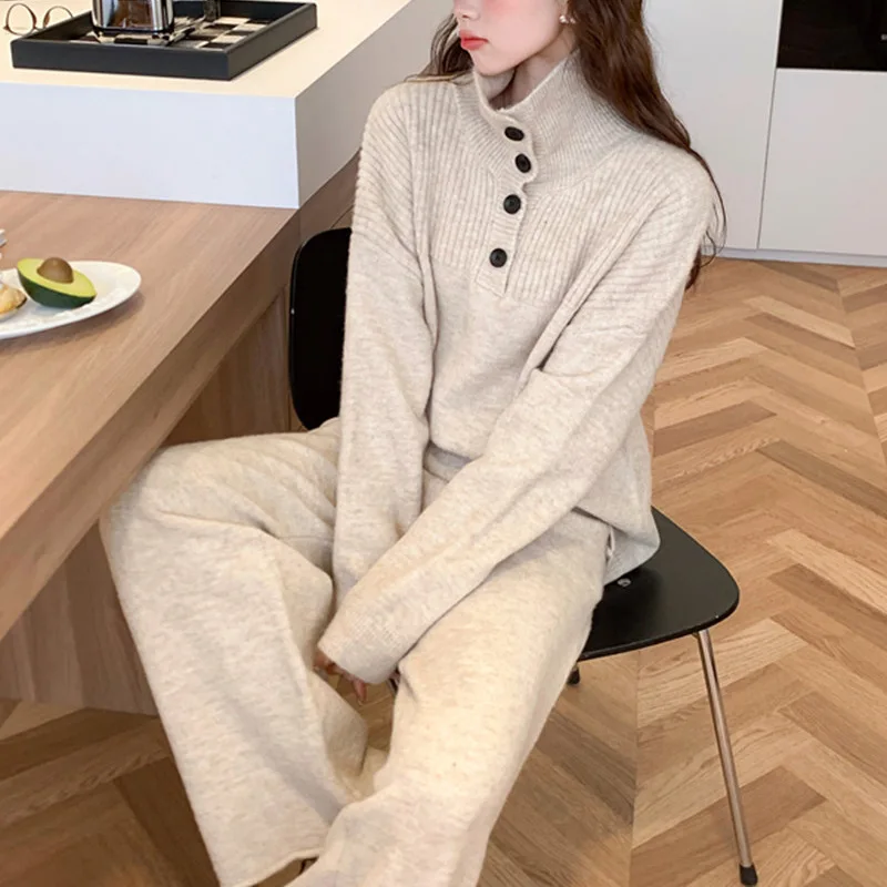 

Flip Collar Knitted Two-piece Set for Autumn and Winter New Style Casual Style Wide Leg Pants Pullover Sweater Set for Women