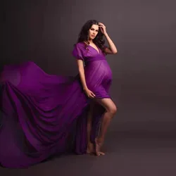 2022 nuovo vestito Baby Shower gravidanza gravidanza servizio fotografico manica corta scollo a v profondo elegante gonna lunga coda Grossesse abiti