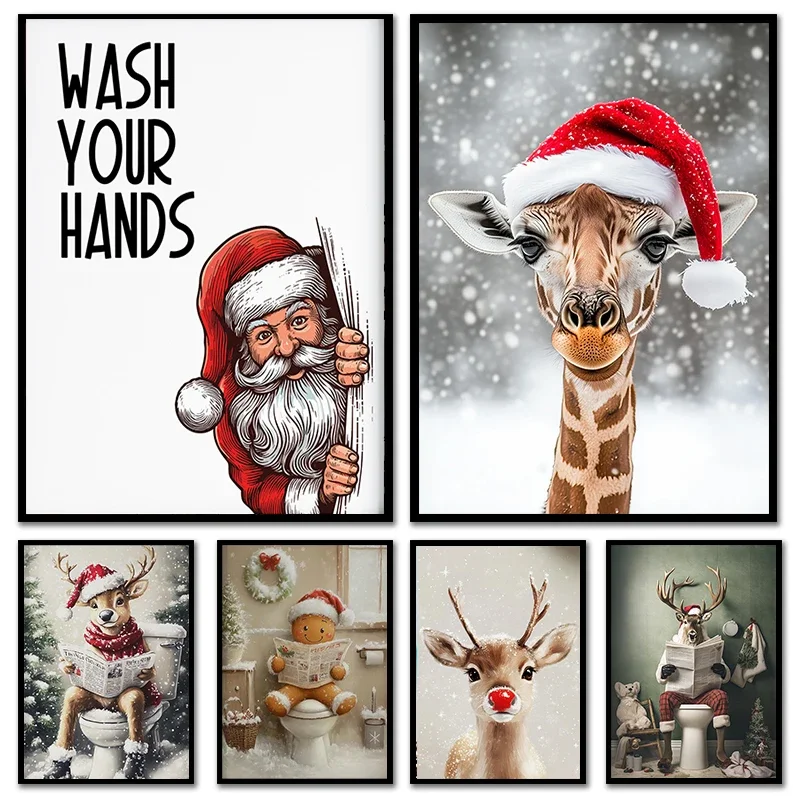 1pc frameless Canvas Painting Funny Christmas Bathroom Wall Art Decor Deer Santa Claus Biscuits Print Posters  Holiday Decor Chr