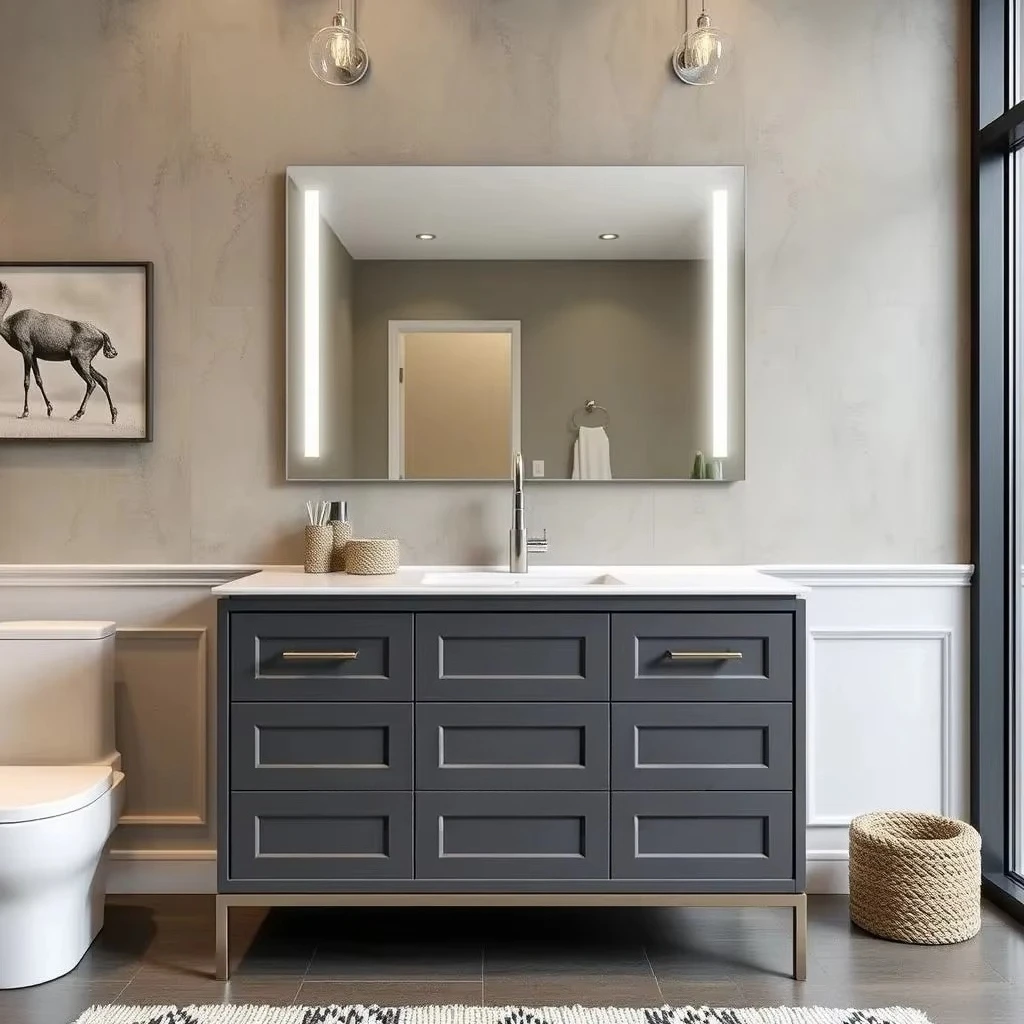 Solid Wood 60 Inch Modern Restroom Furniture Lavatory Cabinet Wall Mounted Bathroom Vanity with Ceramic Basin LED Mirror