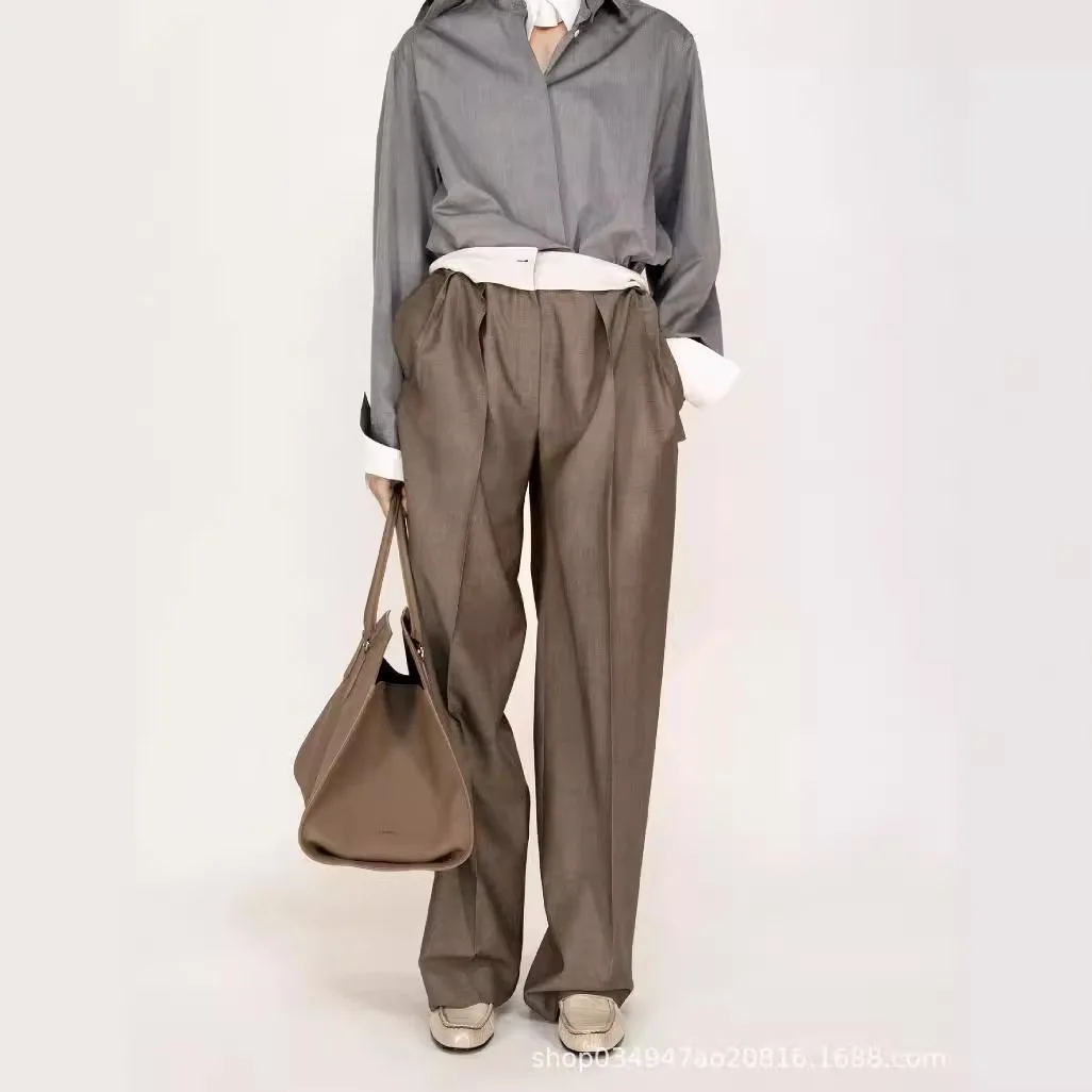 

Women's Commuter Versatile 24ss Spring and Autumn Straight Leg Wide Leg Wool Western Pants Trousers Spliced Casual Pants