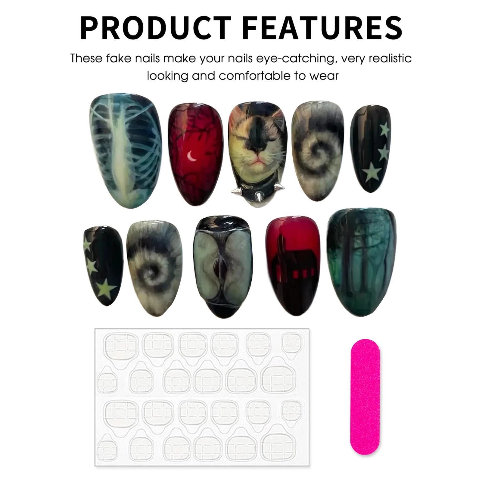 Faux ongles faits à la main, Style noir foncé, Y2k Star Horor Foreat, dessins à pression, Halloween, amande portable, 10 pièces