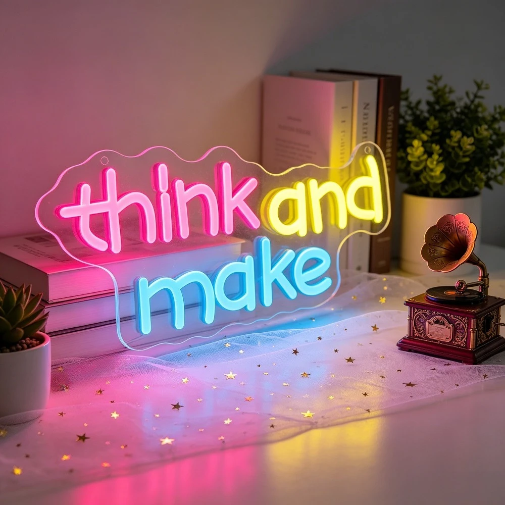 Think And Make Neon Sign LED Marquee Light for Home Studio Desk Decor Creativity Inspiration Gift USB Reusable Art