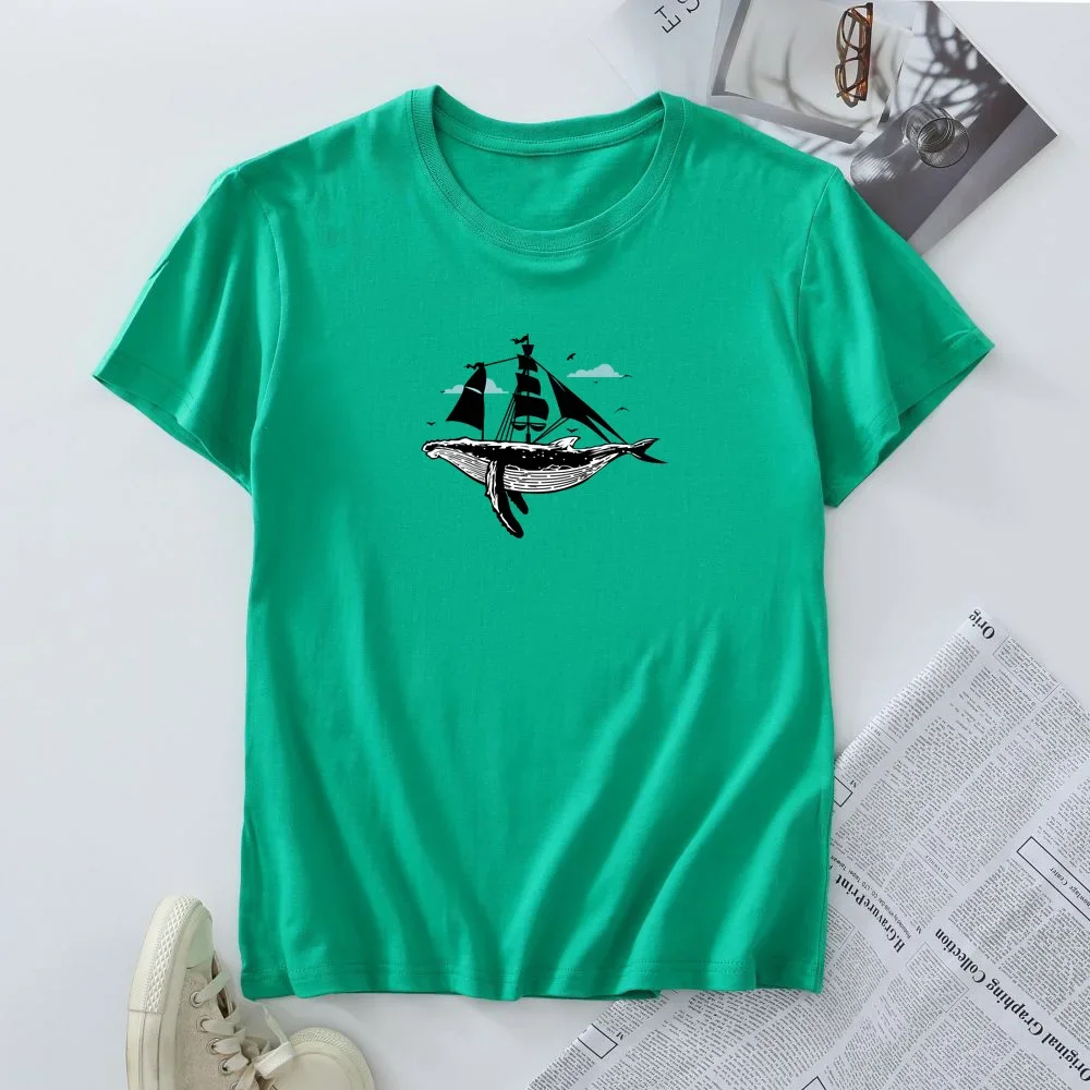 Plus Size T-shirt Women's Cotton Tees Summer Short Sleeve Tops Woman Clothing Female Tshirt Whale Sailboat Graphic T Shirts