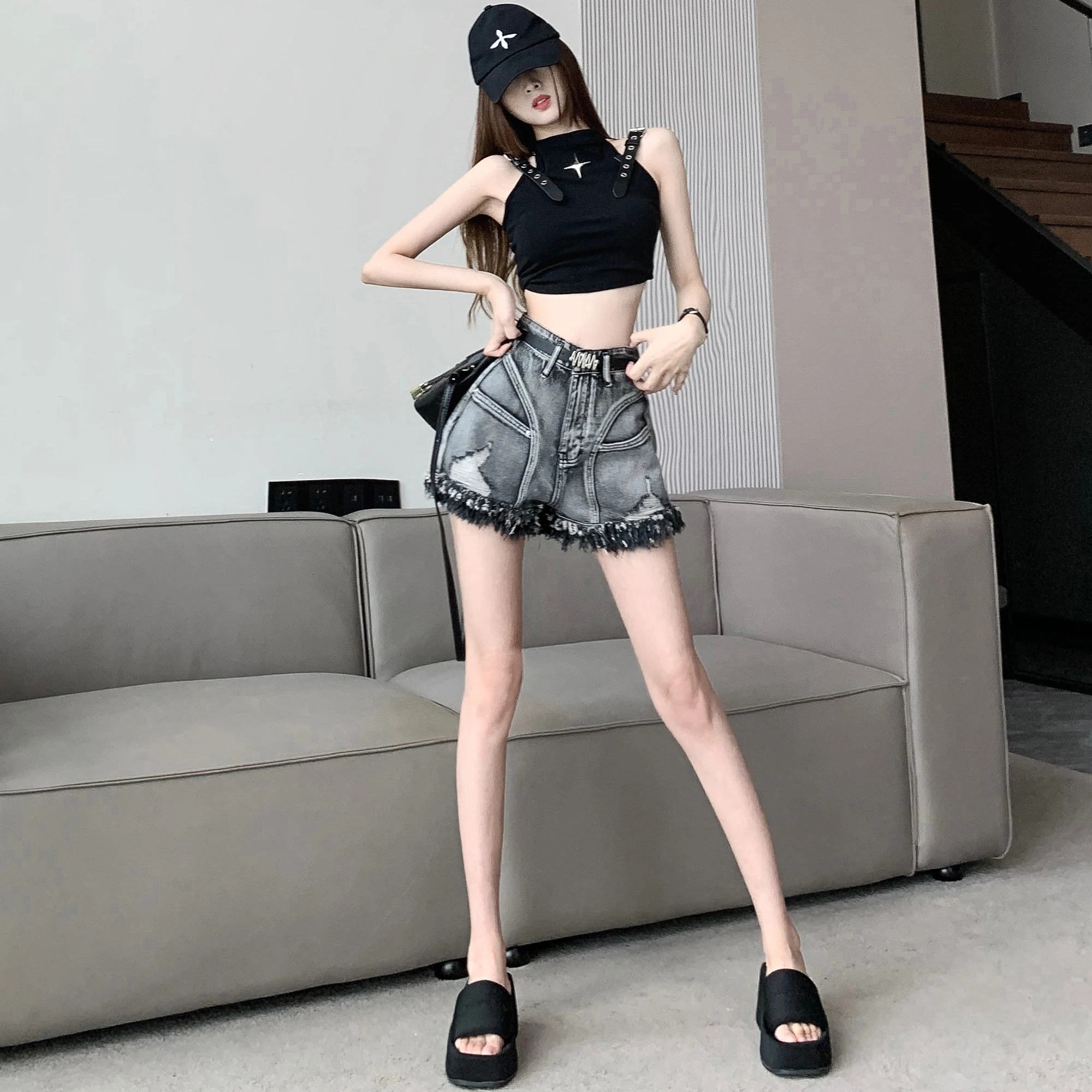 Frauen zerrissen Shorts Vintage y2k Harajuku Streetwear breite Shorts 90er Jahre ästhetische Quaste Mini kurze Hosen 1920er Jahre Kleidung Sommer 2000