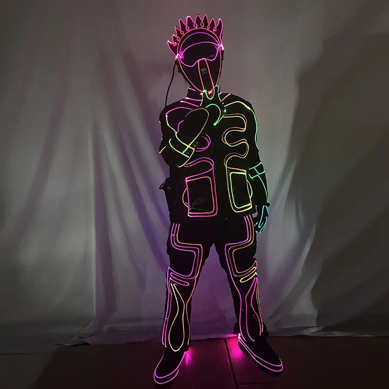 Men LED Optical Fiber Light Up Full Body Costume With Helmet Rave Party EDM Festival Dance Performance Cosplay Suit