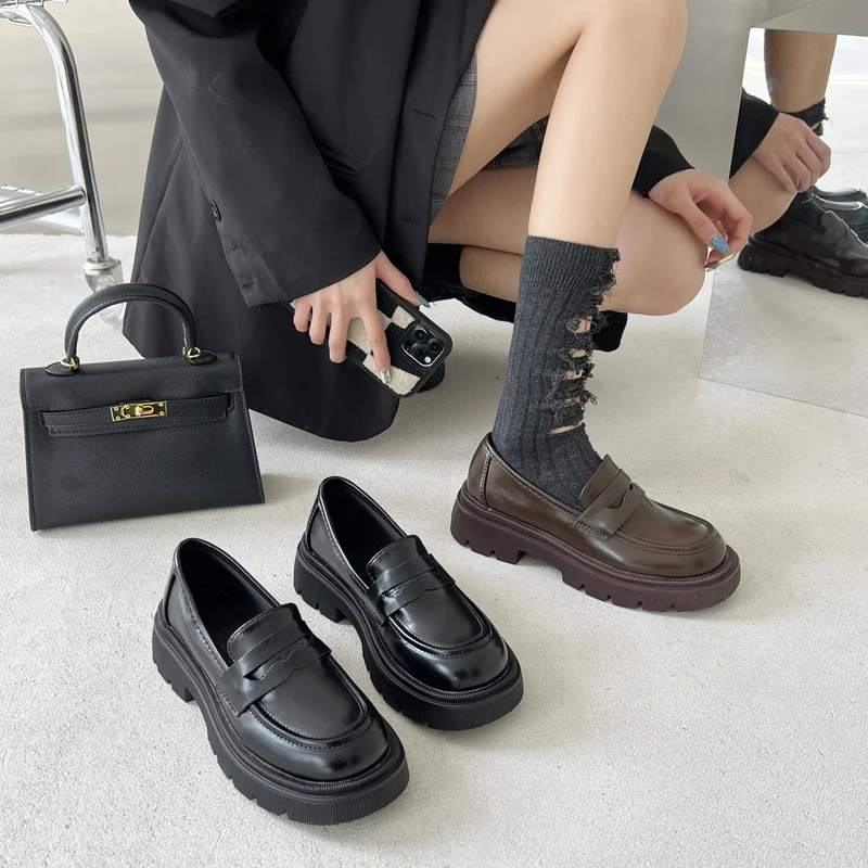 CINESSD Woman Leather Loafer Slip on Middle Chunky Heels Loafers Black Brown Women Shoe Platform Office Lady  Pump Lolita Shoes