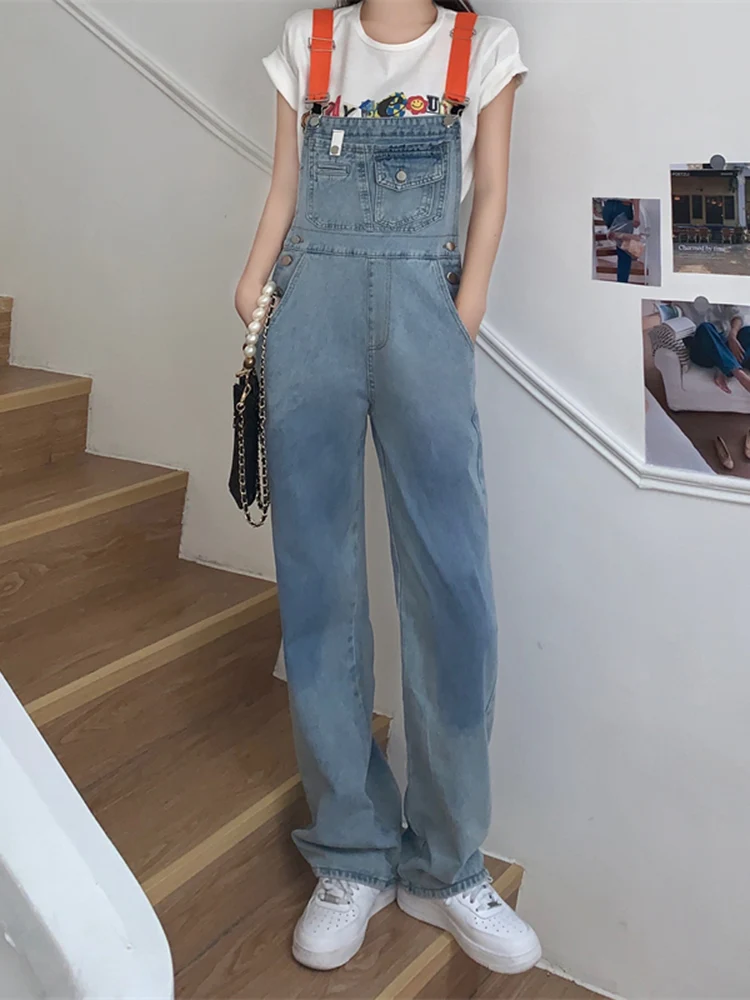 

Woman Large Size High Waist Niche Design Straight Leg Overalls Female Blue Contrast Color Straps Washed Preppy Style Jumpsuit