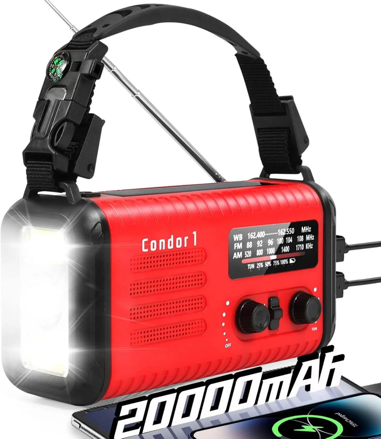 Emergency Crank Radio with NOAA/AM/FM, Solar Hand Crank Weather Radio, 20000mAh Battery Powered Radio with Cell Phone Charger,