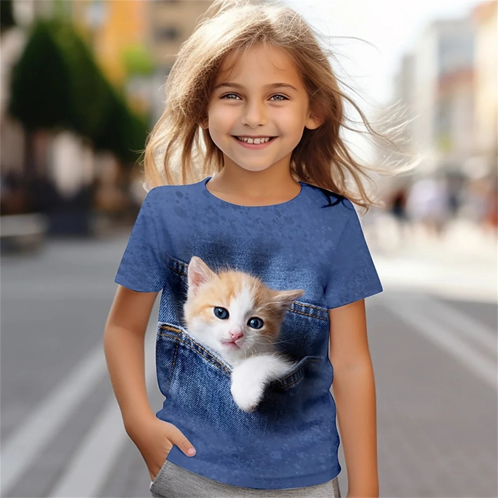 Children's Clothing Girl T-Shirt Short Sleeve Creative 3D Cute Cat Kids Summer Clothes Casual Kawaii Round Neck Girl Clothes Top