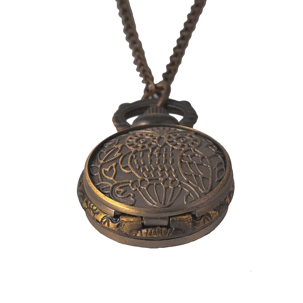 New retro owl quartz pocket watch printed on both sides with embossed owl classic pattern bronze pocket watch with necklace