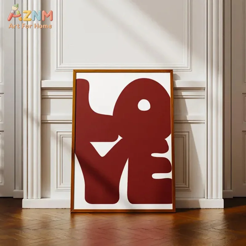 AZNM Burgundy Abstract LOVE Letter Canvas Wall Art Minimalist Block Typography Print Unframed Canvas Modern Bedroom Decor Poster