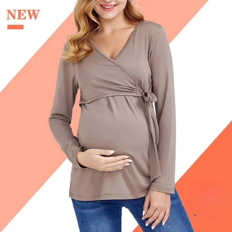 

Весенне-осенняя новая мягкая однотонная высококачественная футболка для беременных с v-образным вырезом и длинными рукавами для кормления грудью, антибликовый топ