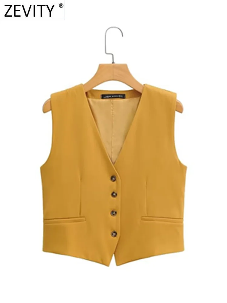 

Zevity Women Fashion V Neck Sleeveless Pockets Short Vest Jacket Office Lady Classical Buttons Casual Slim WaistCoat Tops CT2207