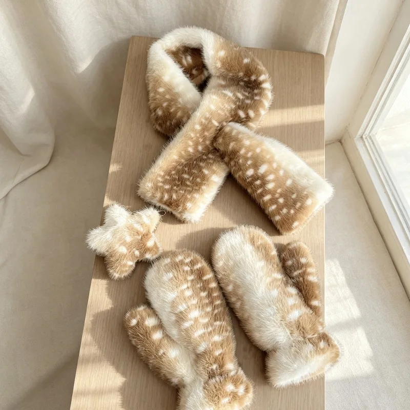Kawaii Deer Spots Faux Fur Bucket Hat Scarf Gloves for Women, Sweet Lolita Bambi Print Plush Winter Accessory, Ins Y2K Warm Hat