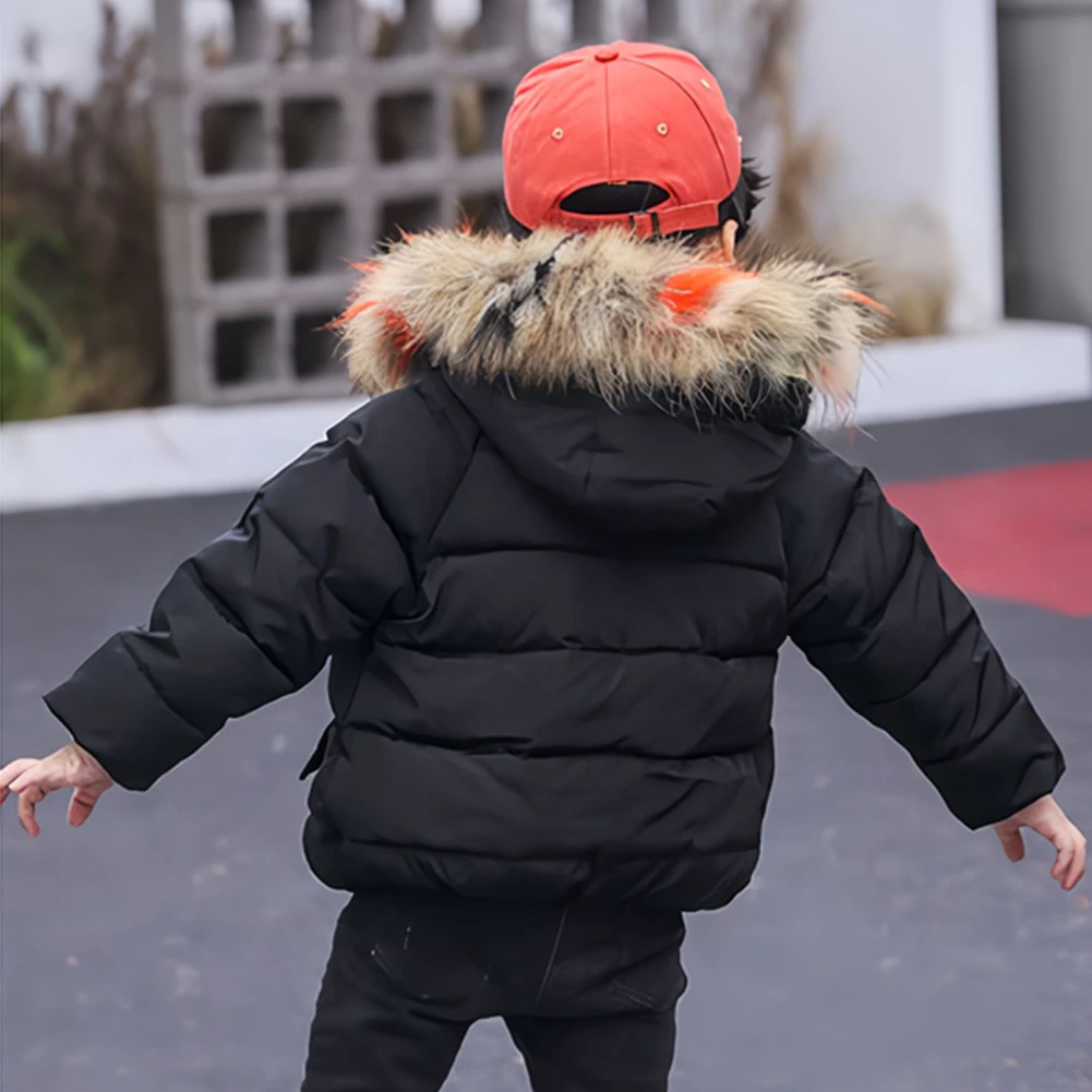 Chaqueta de algodón para bebé, traje de nieve de felpa con capucha de piel sintética para niñas y niños, abrigo acolchado cálido de lana gruesa, prendas de vestir de invierno para niños