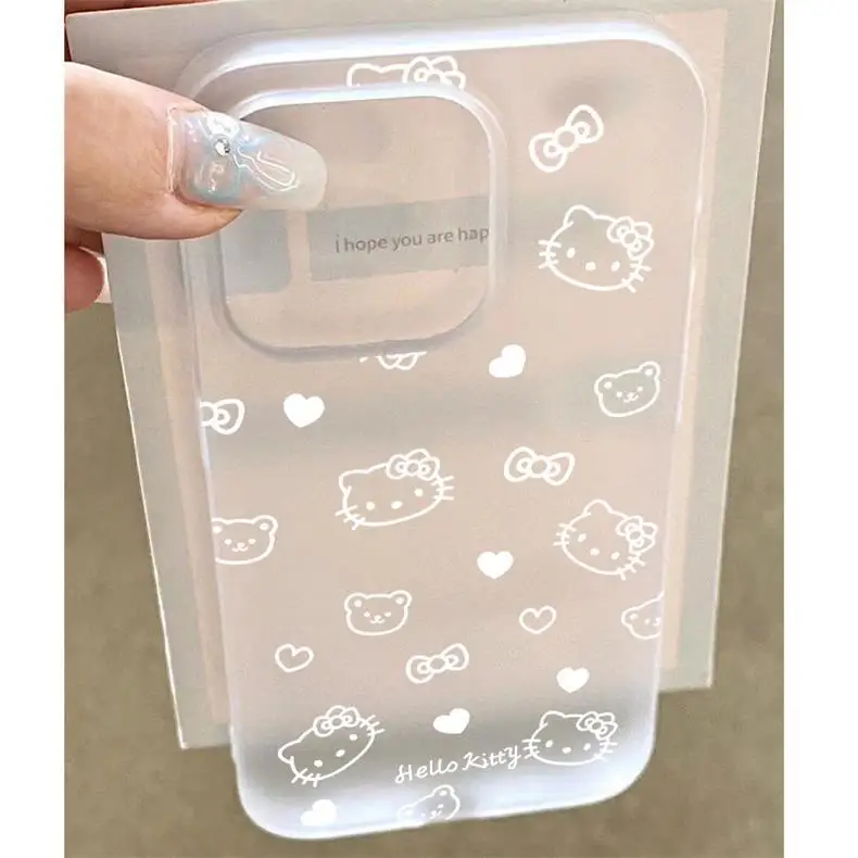 لطيف الخط الأبيض مرحبا كيتي جراب هاتف آيفون 17 16E 16 15 14 زائد 13 12 11 7 8 زائد برو XS ماكس غطاء بلوري شفاف