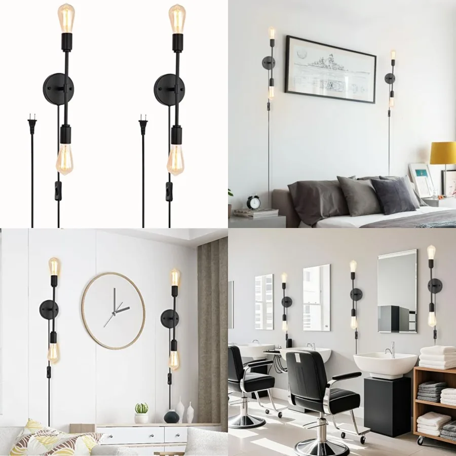 

2-Light Black Bathroom Vanity Light Fixtures Modern Industrial Wall Light Fixtures with On/Off Switch Cord, Plug in Wall Sconce