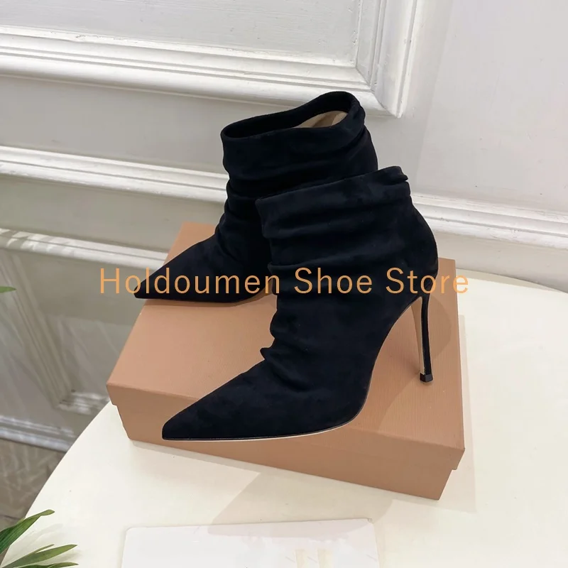 

Autumn Winter New Suede Vintage Pleated Stiletto Ankle Boots Mature Women Classic Pointed Toe Sexy Slip On Versatile Short Boots