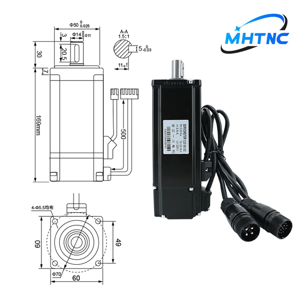 CNC 60ST-M01930 600W 220V AC Servo Motor 1.91N 3000rpm Single-Phase permanent magnet Matched driver A1-SVD15 with RS-232 /RS-485