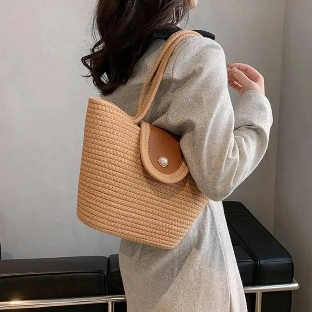 

Fashion Sweet Braided Tote Bag Large Capacity Pearl Cotton Thread Woven Bag French Style Summer Beach Vacation Bag Travel