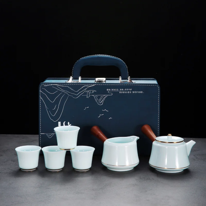 Yangzhi Jade Shadow Green Light Luxury Kung Fu Tea Set Gift Porcelain Side Handle Teapot Company Event Gift Wholesale