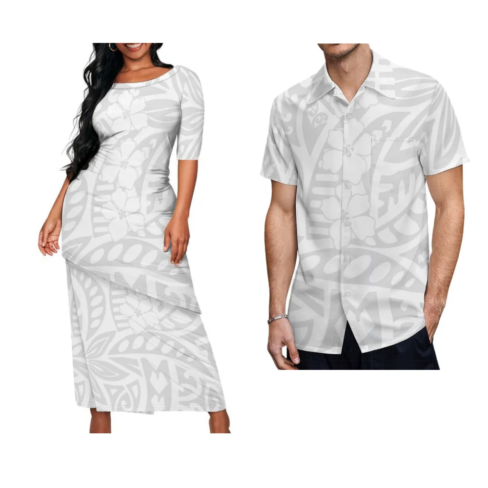 Domingo branco Mulheres Polinésia Puletasi Camisa Masculina Personalizado Samoana Impressão Verão Casal Set Mulheres Nova Saia Chanfrada