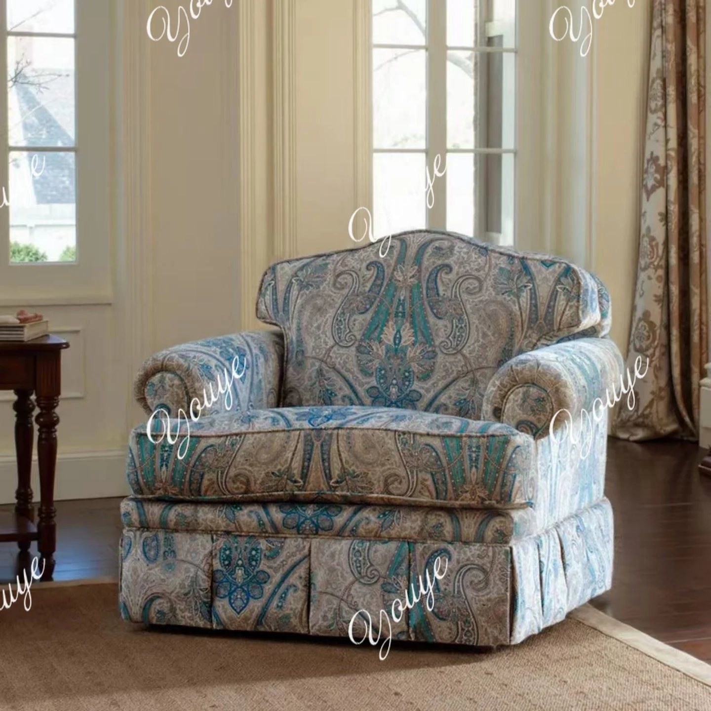 Sofá retro de estilo americano y británico para sala de estar, dormitorio, tela francesa de madera maciza, villa de alta gama, respaldo alto