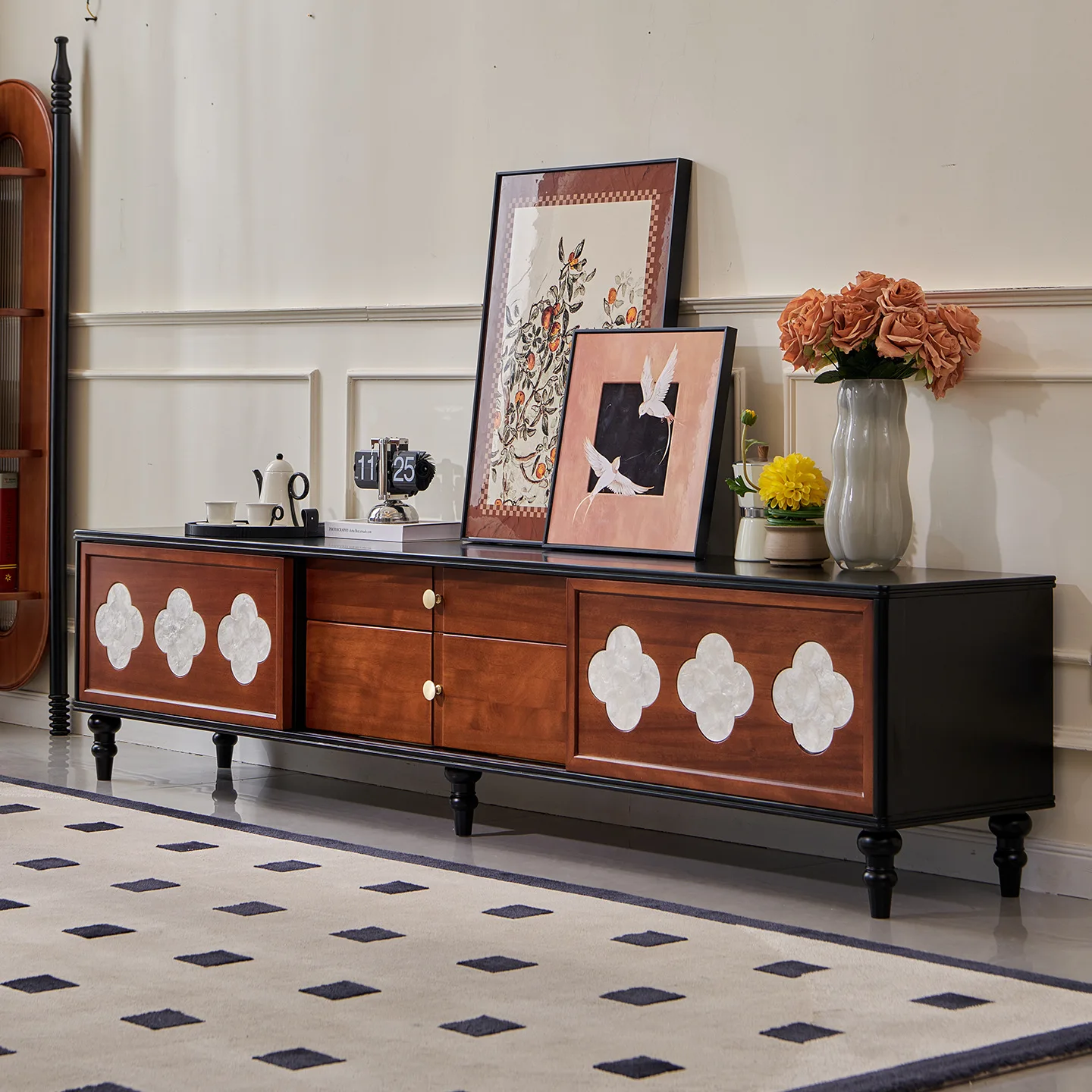 

French antique retro solid wood TV cabinet living room locker combination long cabinet floor locker