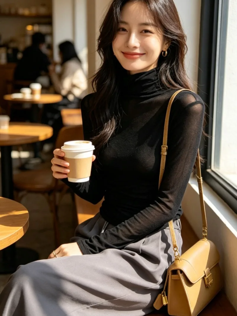 Half-high Collar T-shirt korean Transparent Short-sleeved Slim-fit Elastic Solid Inner Bottoming Shirt Sexy Big Chest T-shirt